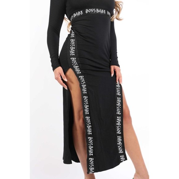Women's Bodycon Maxi Dress Boss Babe Lettering Long Sleeve 2 Slit Hem Black - Picture 3 of 12